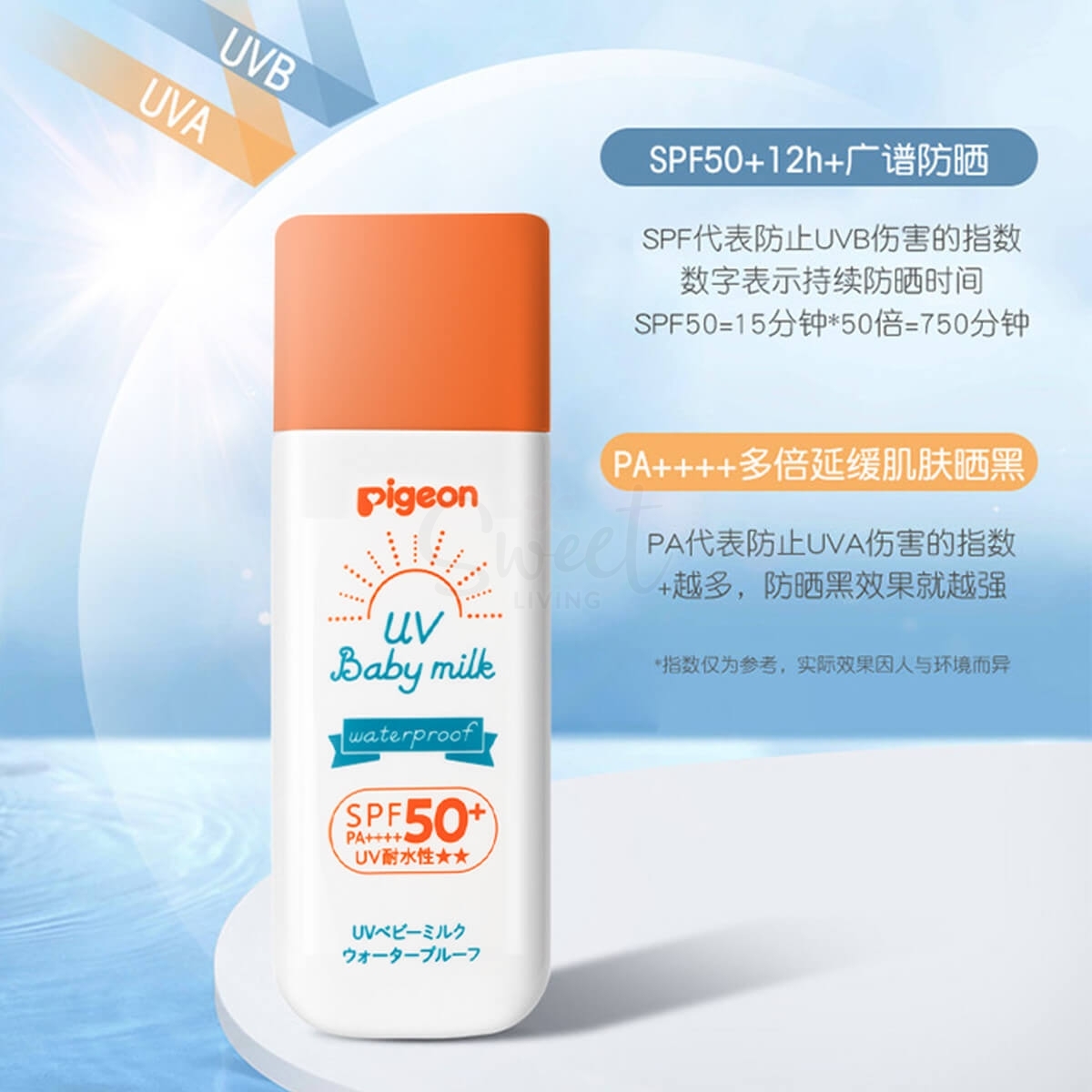 【日本 Pigeon】贝亲 儿童/婴儿防晒霜 物理防晒水润安全 新版 SPF50+ 18g -  - 3@ - Sweet Living