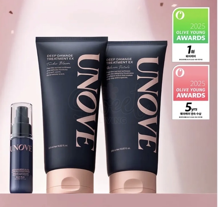 【韩国】UNOVE Hair Treatment 柔诺伊 柔顺修护发膜 深层修复 限量套组混香款双支装 清新花香+木质花香 320+320ml 赠30ml护发乳 -  - 1@ - Sweet Living